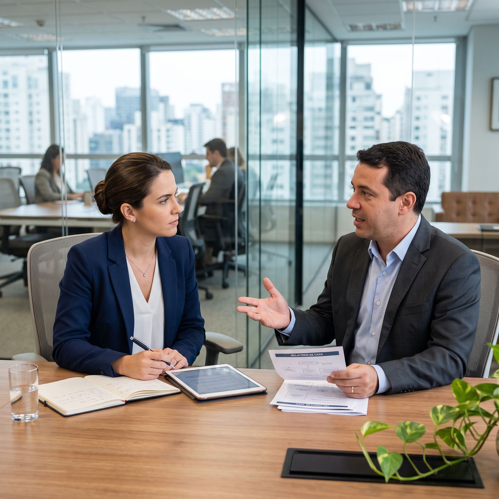 Consultores da Master analisando relatórios gerenciais com um cliente